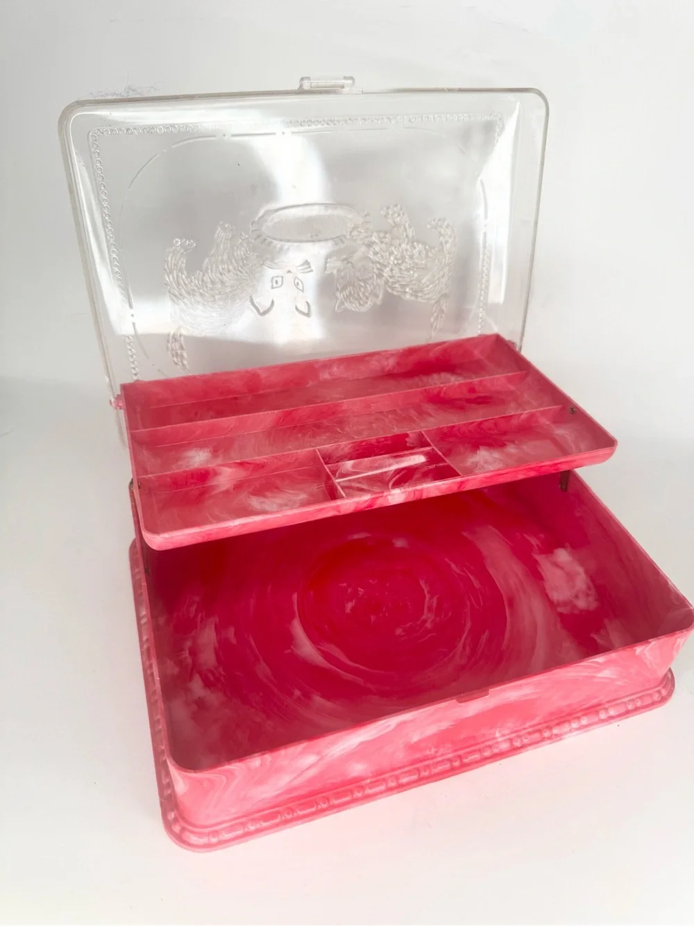 VTG 50s Jewelry Box Trinket Cats Kittens Granny Sewing Hommer Marbled Plastic